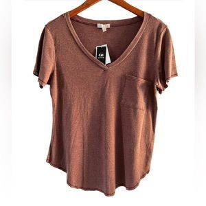 GB V Neck Brown Top SZ L Front Left Pocket NWT 18” Chest 26” Length